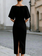 Solid Color Short-sleeved Fitted Waist Midi Dress