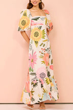 Square Collar Puff Sleeves Floral Print Cotton Linen Ruffle Maxi Dress