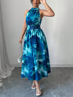 Printed Halter Sleeveless Vacation And Leisure Maxi Dresses