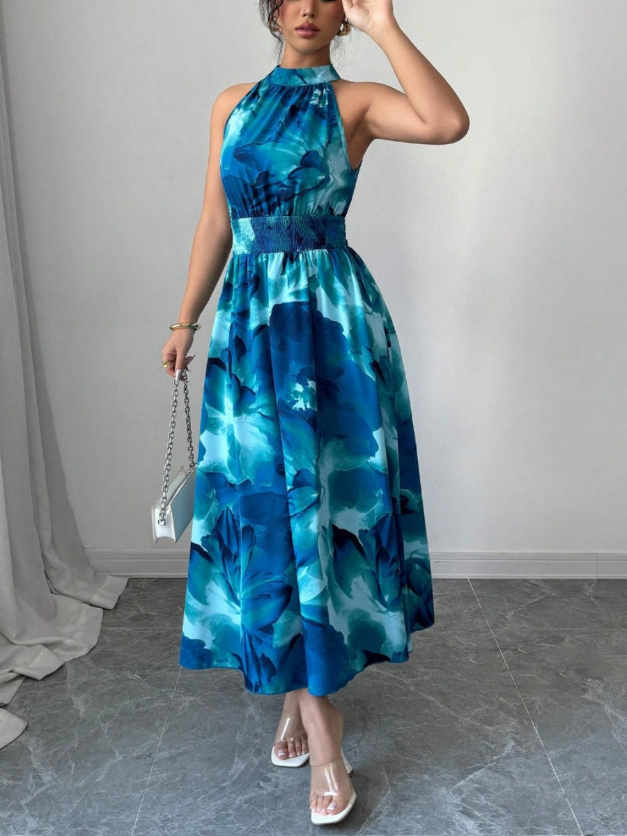 Printed Halter Sleeveless Vacation And Leisure Maxi Dresses