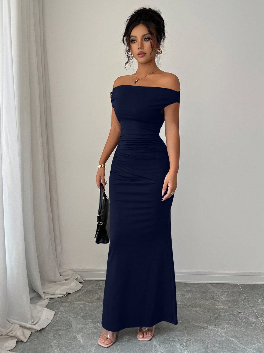 Off-shoulder Off Shoulder Pleated Metal Buckle Maxi Dresses