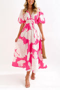 V Neck Puff Sleeves Waisted Floral Midi Dress