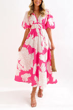 V Neck Puff Sleeves Waisted Floral Midi Dress