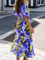 V-neck Short-sleeved Floral Print High-slit Long Dress