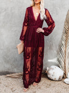 Lace Long-sleeved V-neck Solid Color Chiffon Long Dress