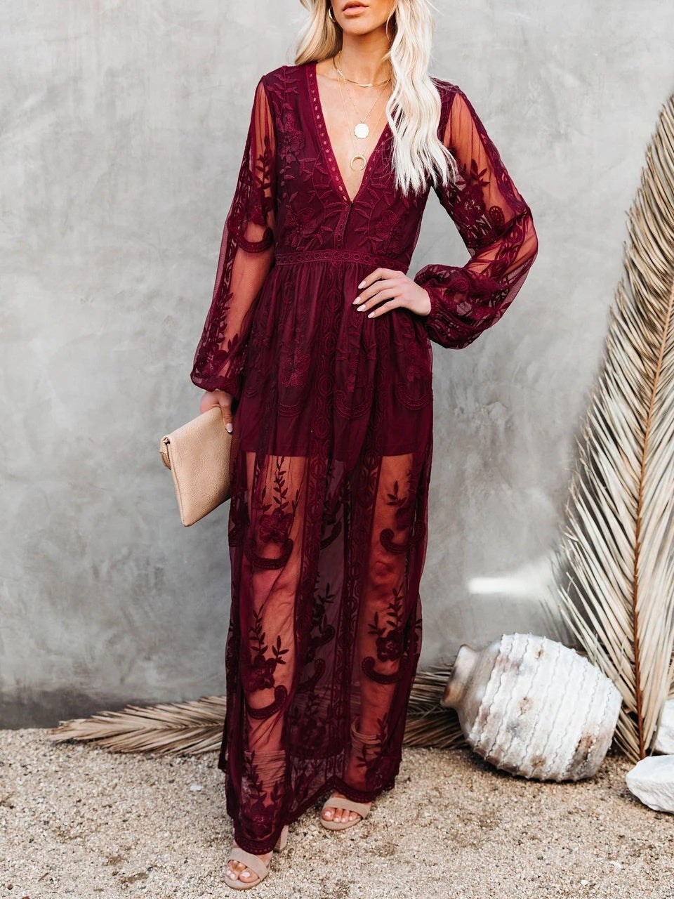 Lace Long-sleeved V-neck Solid Color Chiffon Long Dress
