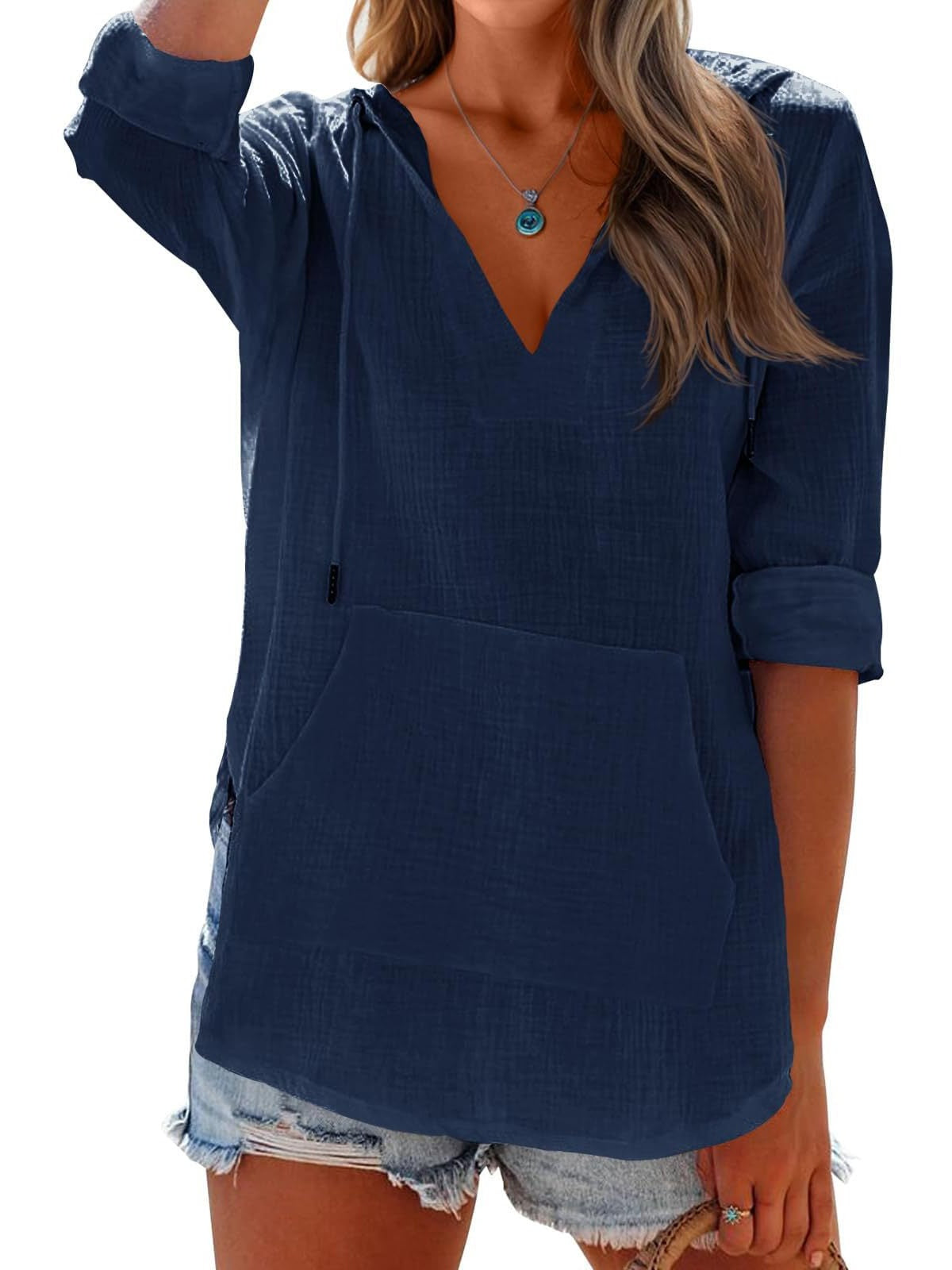 Long-sleeved V-neck Pocket Hoodie