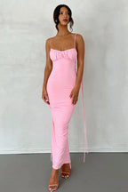 Tie Shoulder Deep Open Back Ruched Bodycon Maxi Dress
