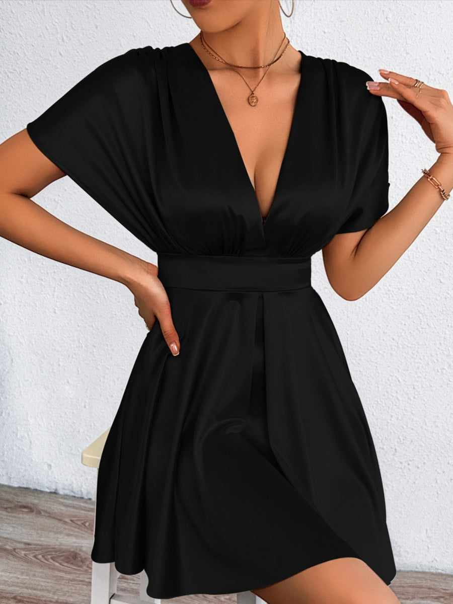 V-neck, Fitted Waist, Zippered, Glossy Short Dress