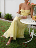 Tiered Spaghetti Strap Tie Front Waist Cut Out Maxi Dress