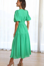 Deep V-Neck Smocked Waist Puff Sleeve Tiered Midi Dress