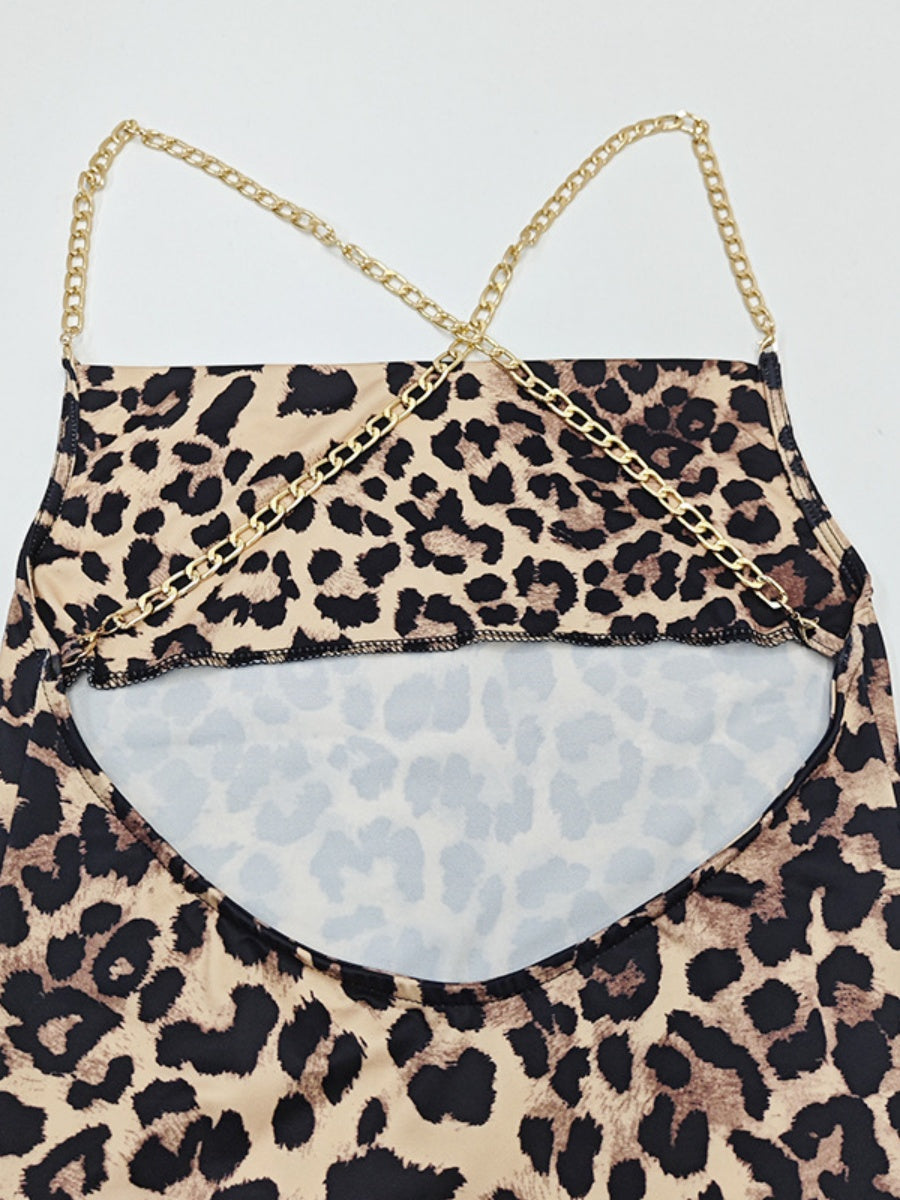 Chain Backless Camisoles Irregular High Slit Leopard Print Maxi Dresses