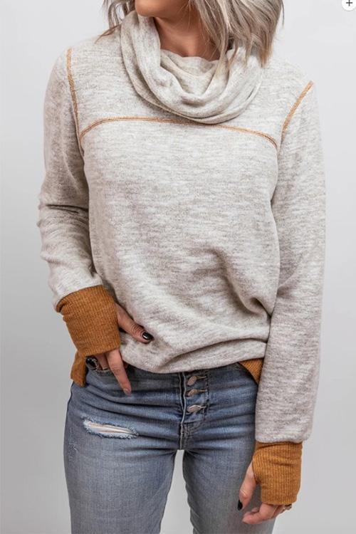 Casual Cowl Neck Color Block Sweatshirt with Thumb Hole