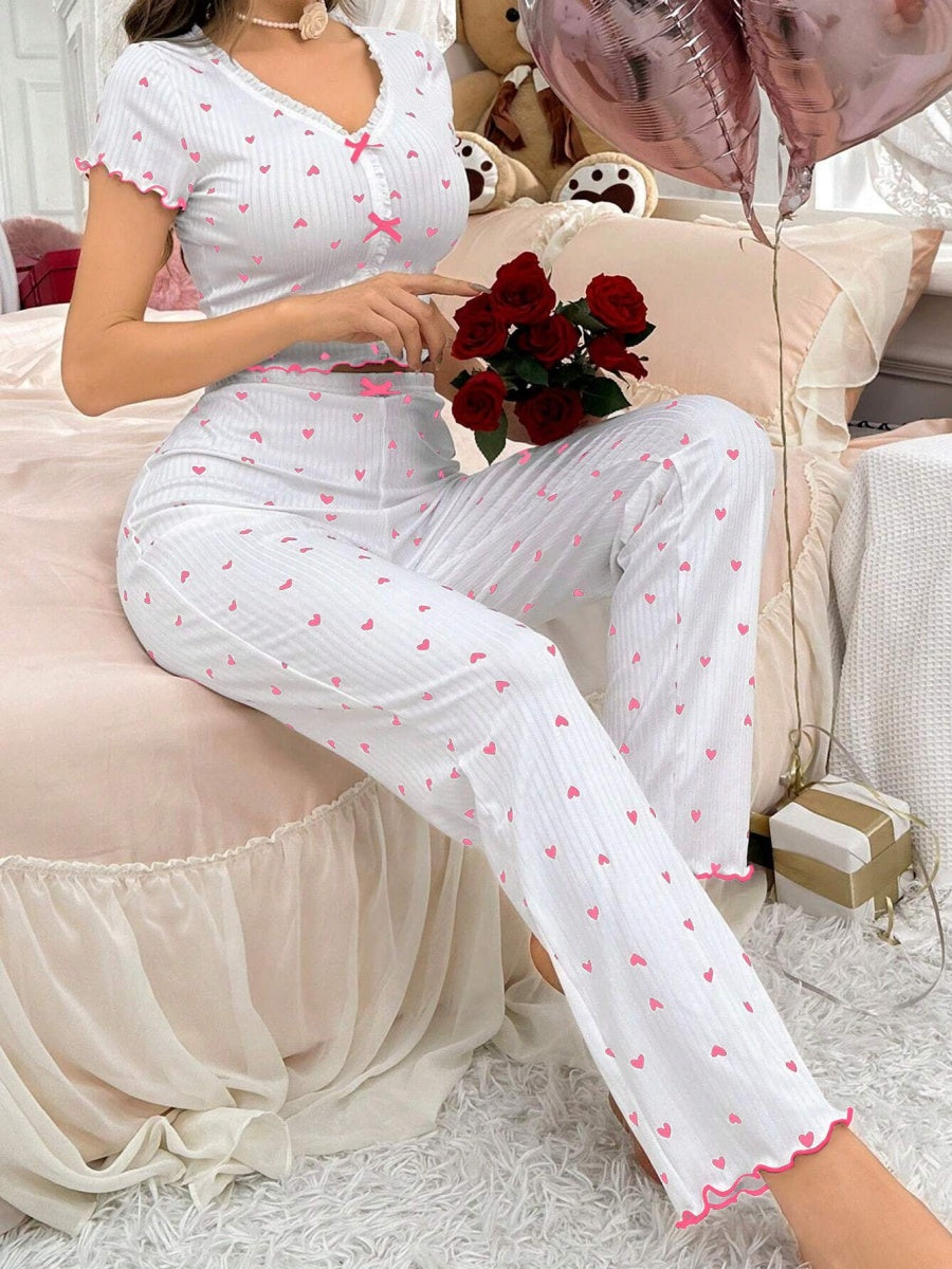 Heart-print Bow V-neck Short-sleeved Trousers Set That Can Be Worn As Loungewear
