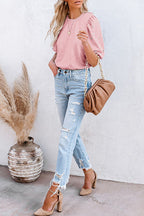 Crewneck Rhinestone Bubble Half Sleeves Pullover Top