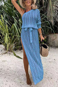 One Shoulder Long Sleeve High Split Hollow Out Beach Dress
