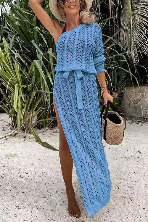 One Shoulder Long Sleeve High Split Hollow Out Beach Dress