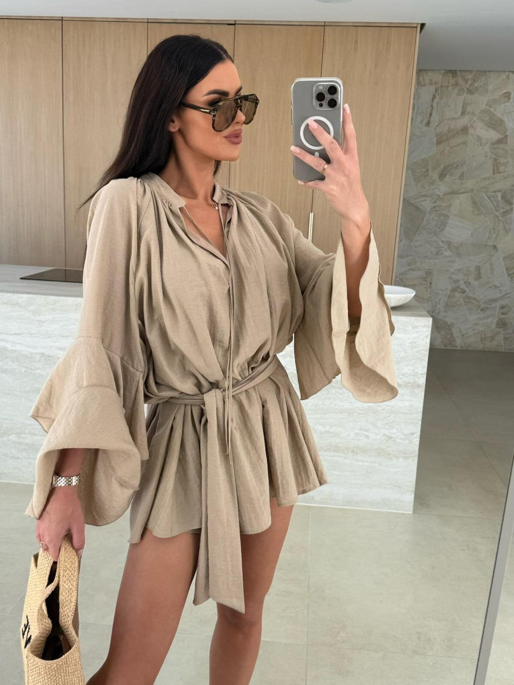 V-neck, Irregular Tie-waist, Long-sleeved, Loose-fitting Short Dress