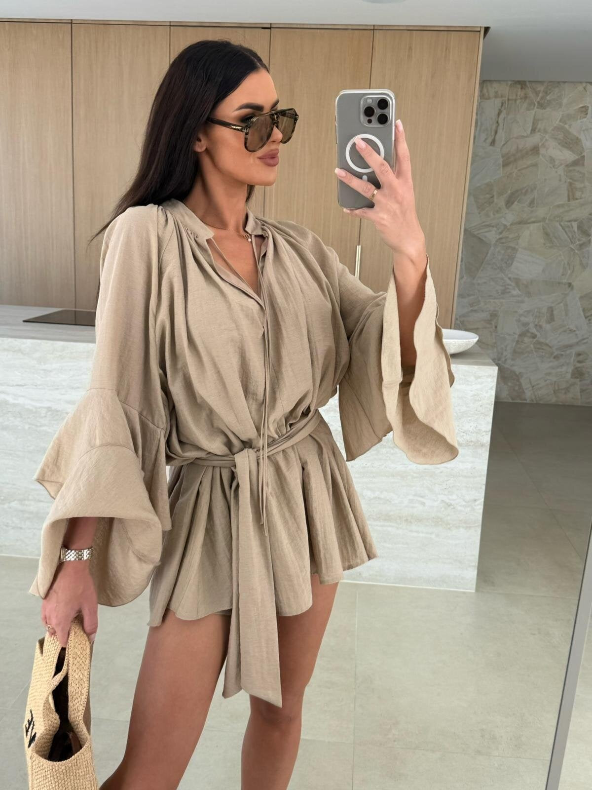 V-neck, Irregular Tie-waist, Long-sleeved, Loose-fitting Short Dress
