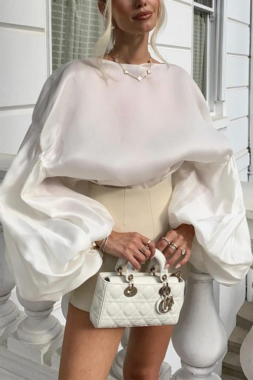 Stylish Boat Neck Puff Sleeves Satin Top