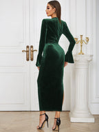 Velvet Long Sleeve Metal Decoration Slit Hip Maxi Dresses