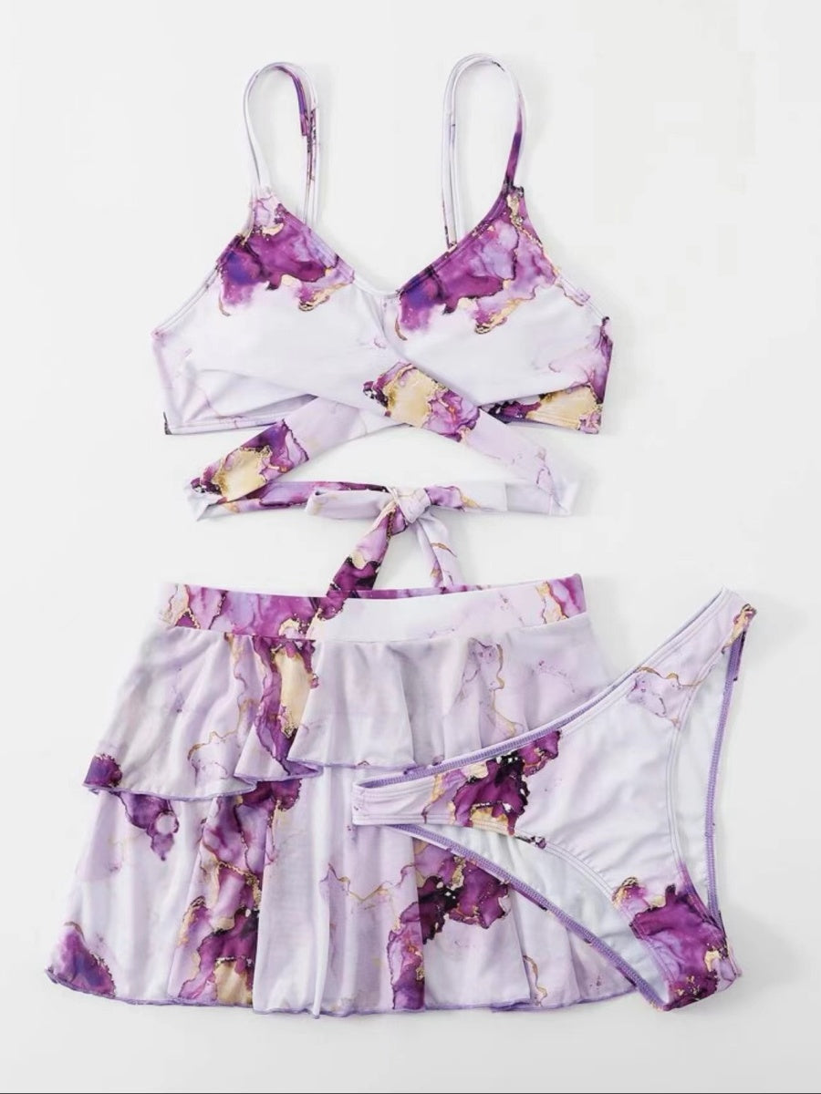 Marble Print Bikini Beach Dress Three-Piece Set