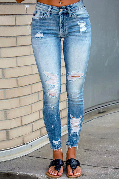 Raw Hem Ripped Stretch Pencil Jeans