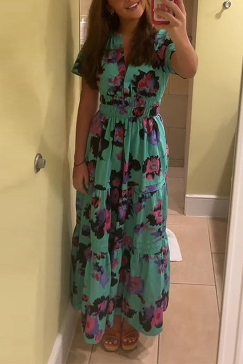V Neck High Waist Floral Print A-line Maxi Dress