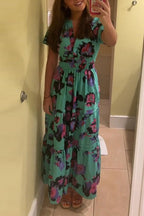 V Neck High Waist Floral Print A-line Maxi Dress