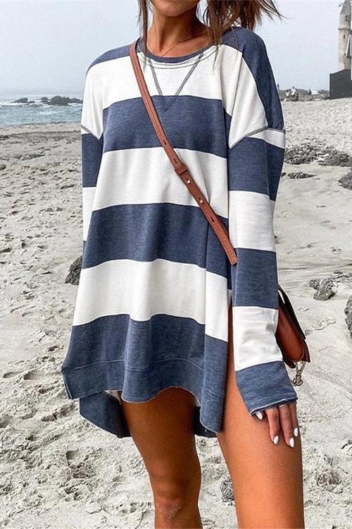 Crewneck Side Split High Low Hem Striped Pullovers