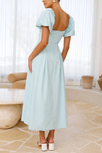 V Neck Twist Front Puff Sleeves Cut Out Maxi Dress