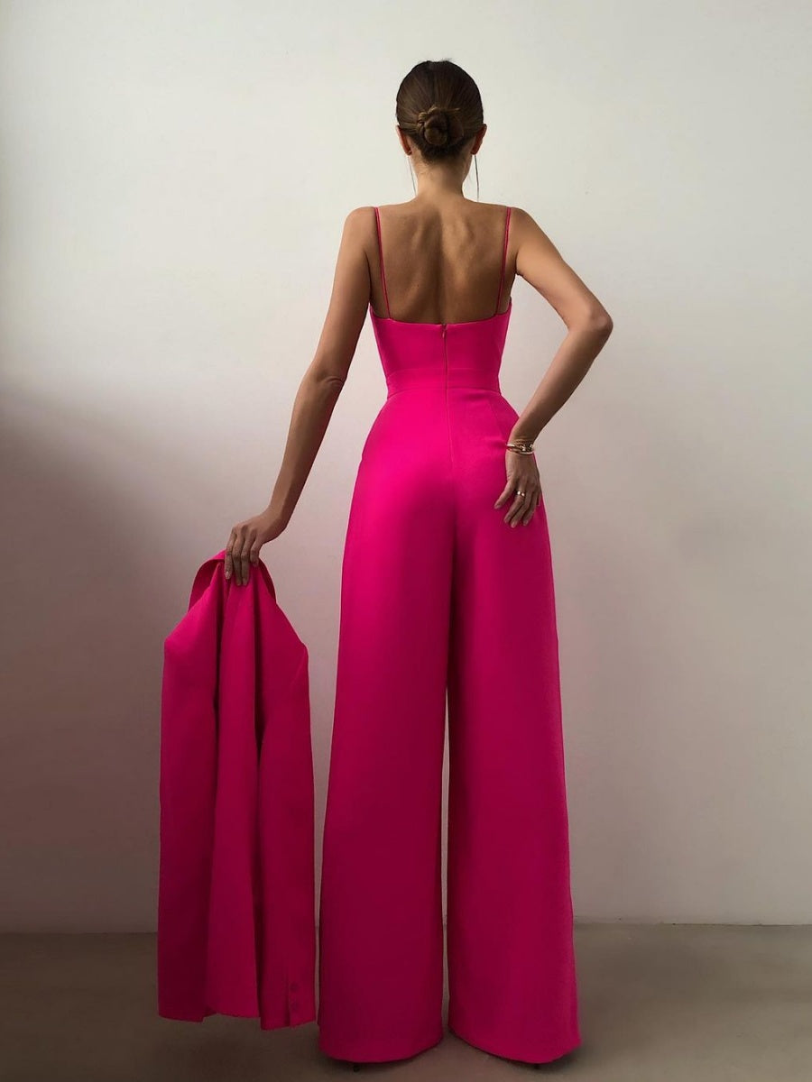 Minimalist Jumpsuit With Suspenders, Cinched Waist, Straight Leg, And Floor-length