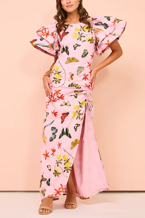 Flounce Sleeves Drawstring Slit Printed Maxi Dress