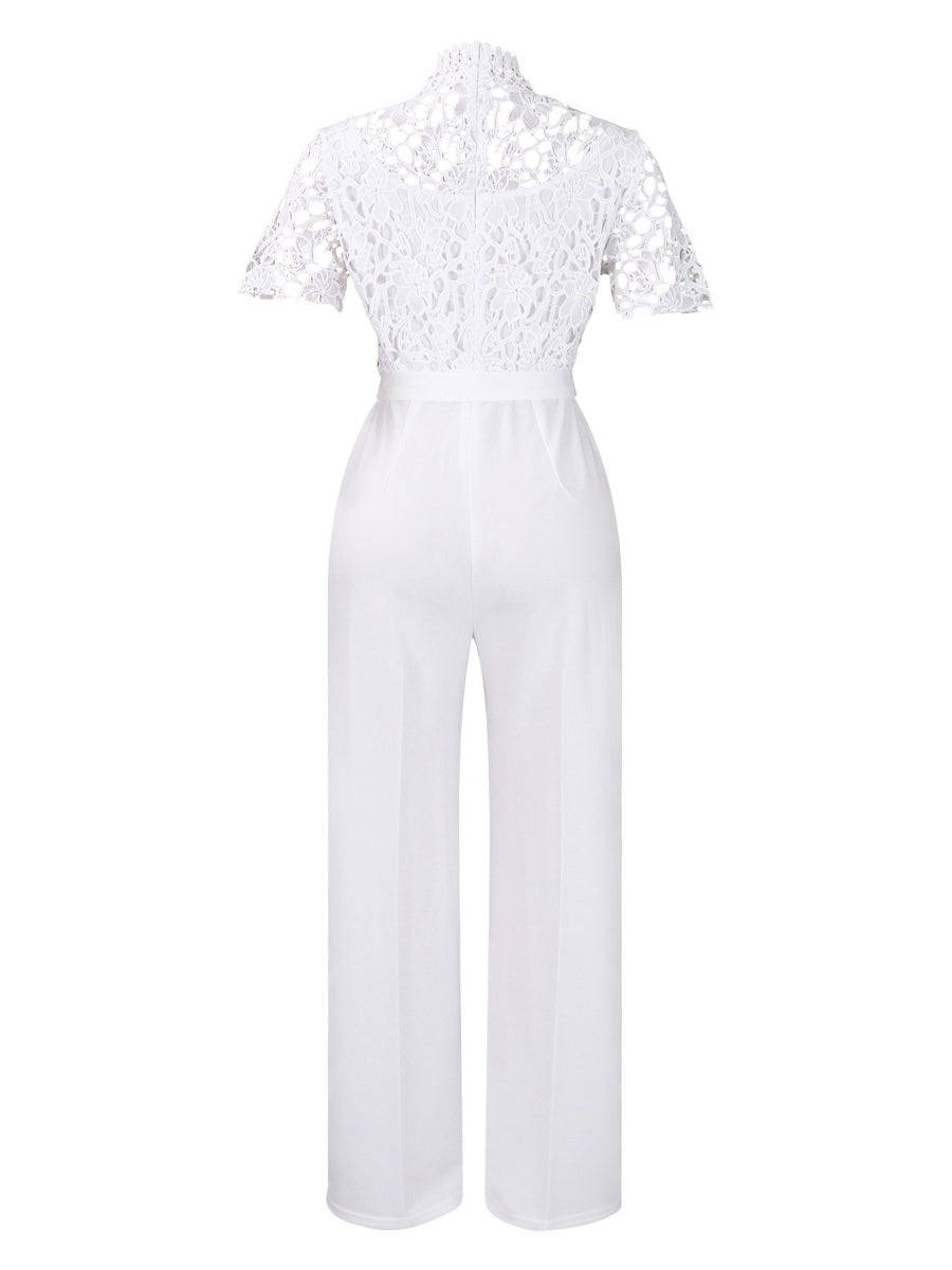 Lace Trim Hollow Short Sleeve Bandage High Waist Wide Leg Jumpsuits