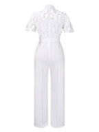 Lace Trim Hollow Short Sleeve Bandage High Waist Wide Leg Jumpsuits
