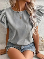 Round Neck Striped T-shirt With Ruffled Sleeves