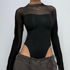 Long sleeve high neck mesh patchwork bodysuit  | Festival Outfits Women