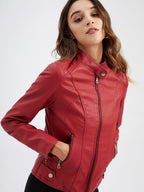 Street Cool Thin Stand Collar Zipper Leather Jacket