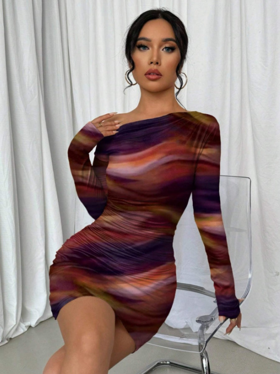 Pleated Slim-fit Hip-hugging Slant Collar Printed Mini&Short Dresses