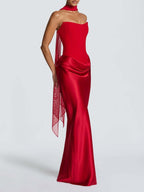 Satin Tie Ribbon Off-shoulder Sexy Strapless Bodycon Maxi Dress With Cinched Waist