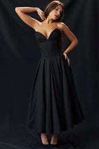 Strapless Plunging V-Neck Corset Bodice Box Pleat A-Line Midi Dress