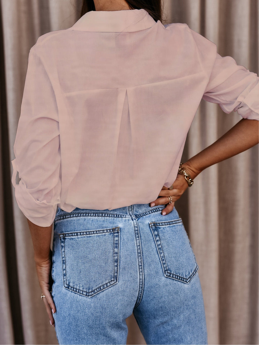 Simple Long-sleeved V-neck Button-down Shirt