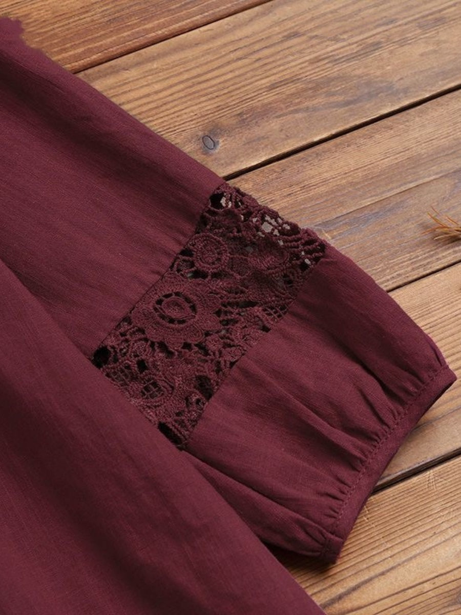 Tie-up Cotton And Linen Patchwork Lace Three-quarter Sleeve T-shirt