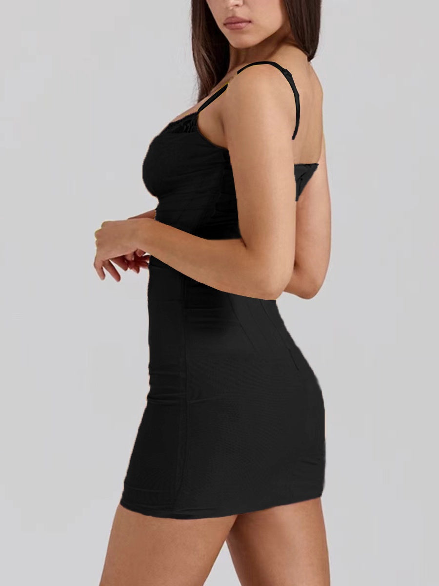 Mesh Camisoles Stacked Collar Lace Trim Hip-hugging Mini&Short Dresses