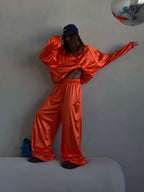 Zippered Loose Sweatshirt Jacket And Wide-Leg Pants Two-Piece Set
