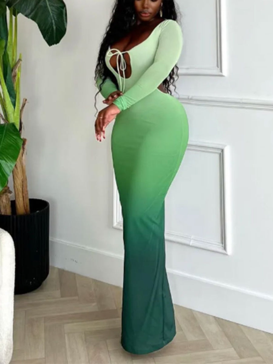 Deep V Gradient Backless Hip-hugging Sexy Stretch Maxi Dresses