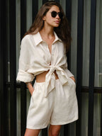 Pure Cotton Loose-fit Long-sleeved Shirt Loose Shorts Set 2-piece Sets