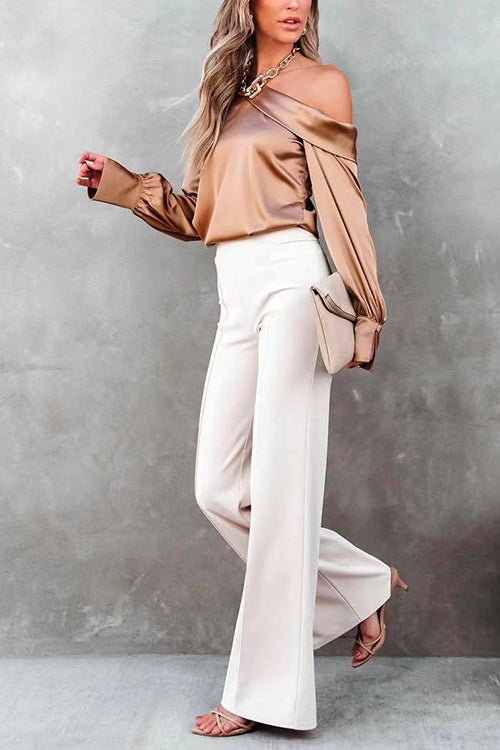 Cold Shoulder Long Sleeve Solid Satin Blouses