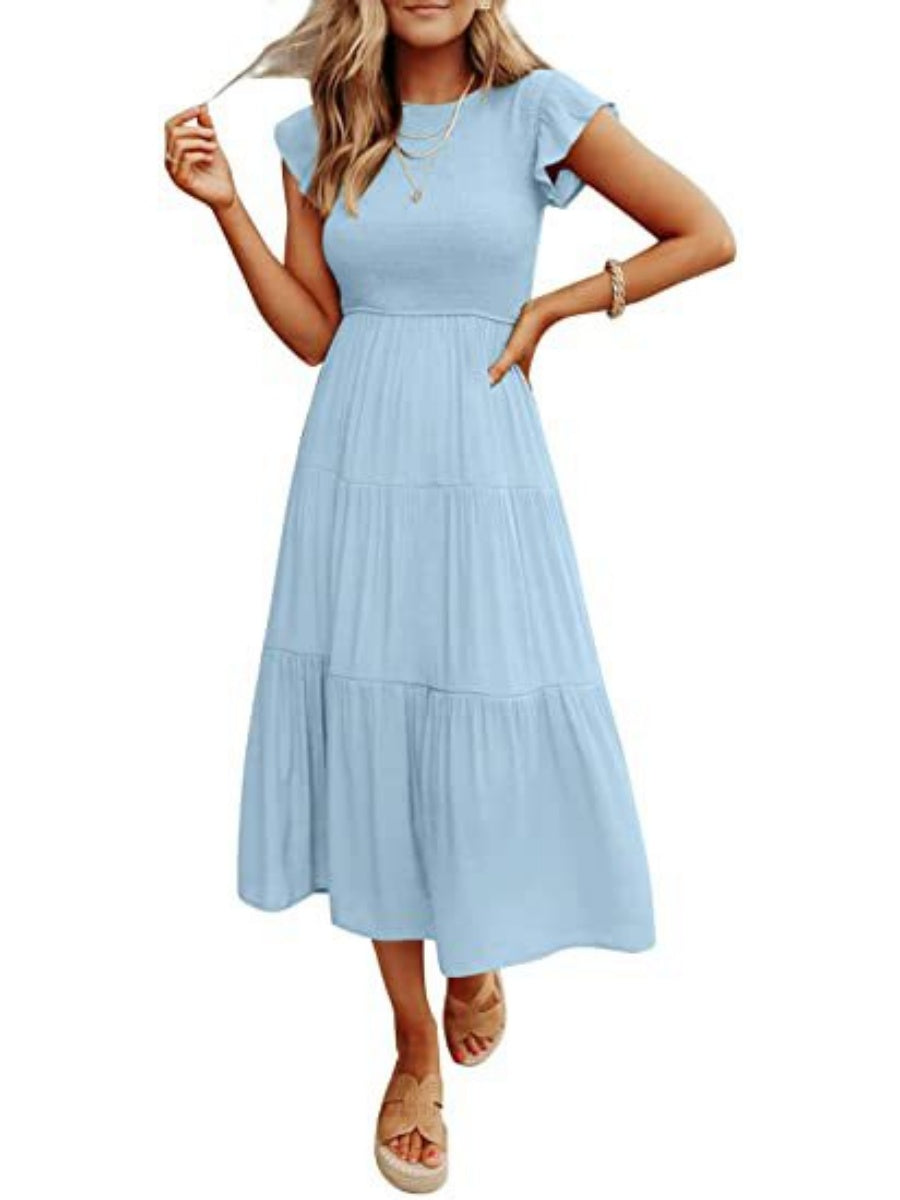 Solid Color Ruched Layered Short-sleeved Maxi Dress