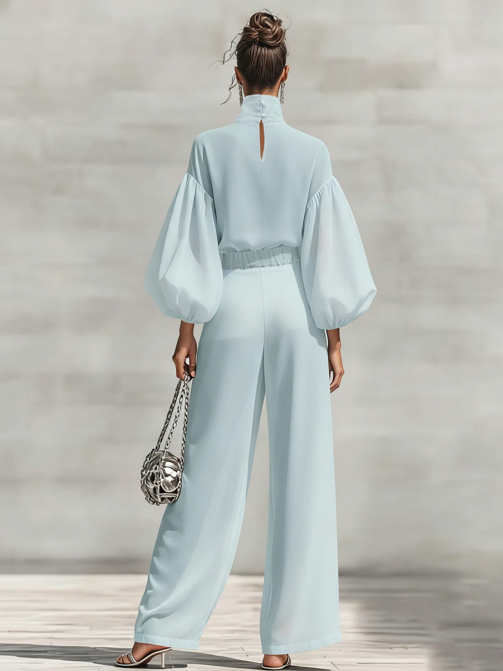 Chiffon Stand-up Collar Puff Sleeve High-waisted Draped Wide-leg Pants Two-piece Set